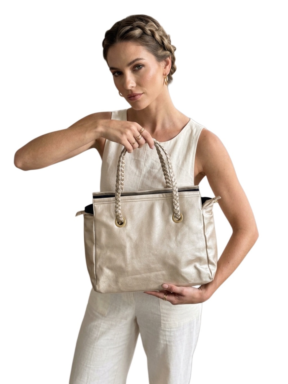 Lauren Ralph Lauren Large Metallic Gold Laptop Work Tote Shoulder Bag